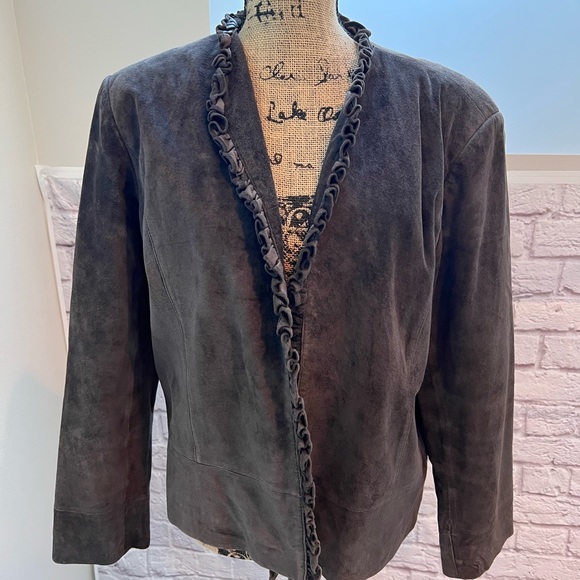 Chico’s women’s suede brown open front ruffle jacket EXCELLENT - Picture 1 of 10
